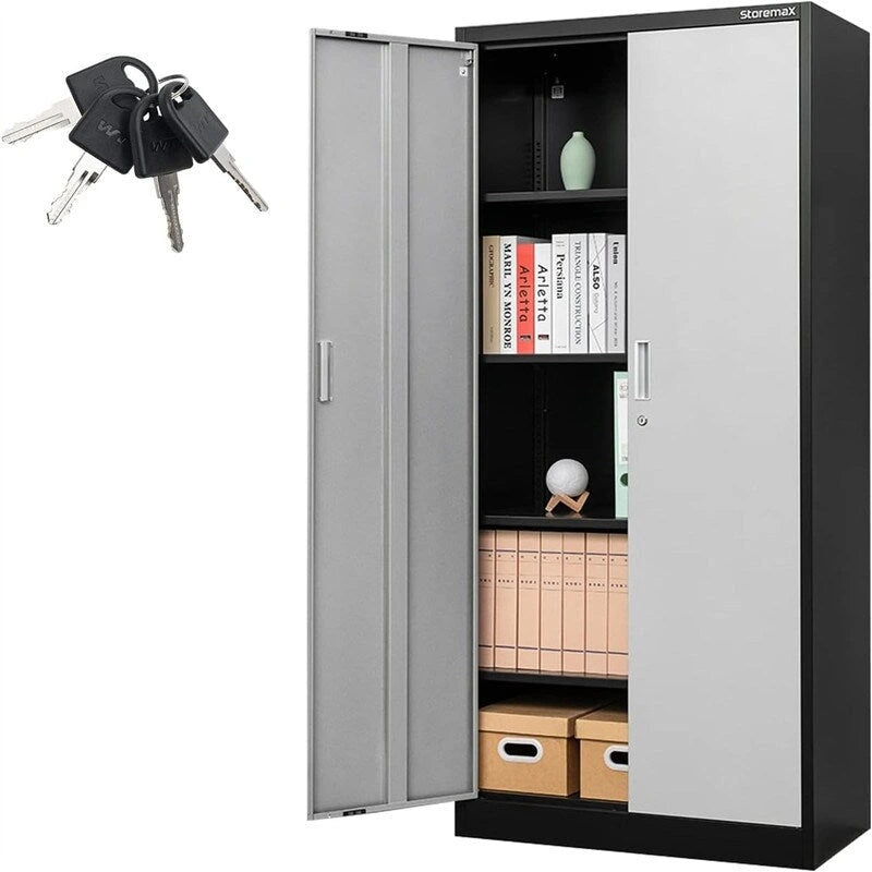 Tall Metal Storage Cabinet with Lock and Adjustable Shelves Black Gray