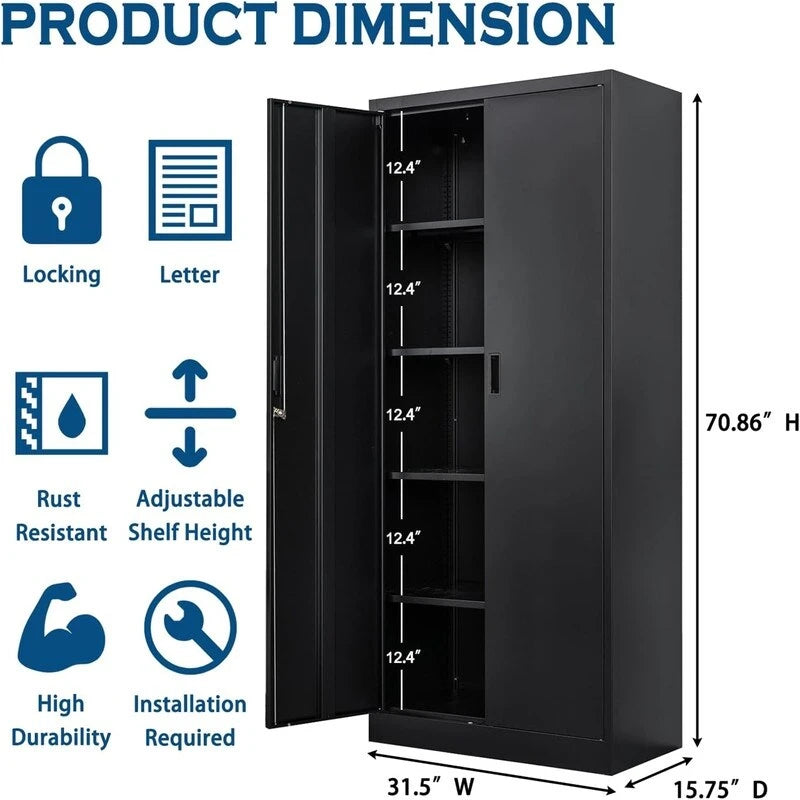 Tall Metal Storage Cabinet with Lock and Adjustable Shelves Black Gray