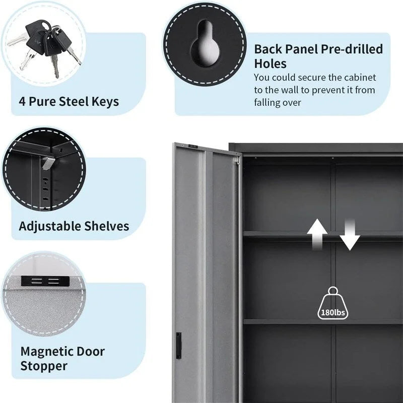 Tall Metal Storage Cabinet with Lock and Adjustable Shelves Black Gray