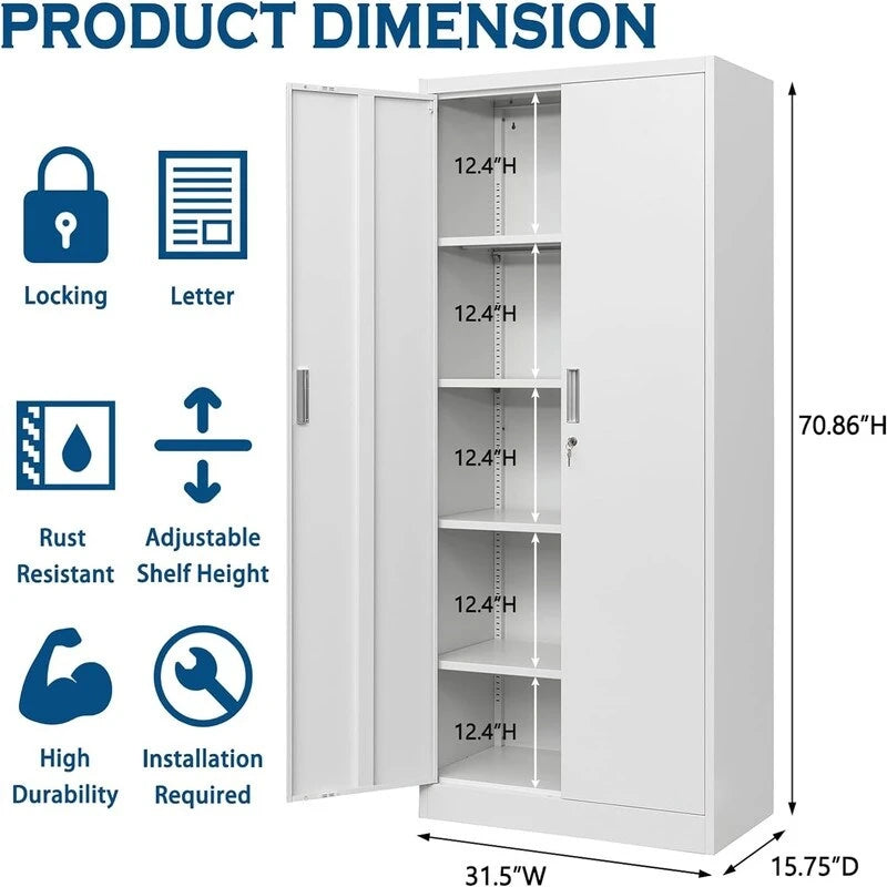Tall Metal Storage Cabinet with Lock and Adjustable Shelves Black Gray