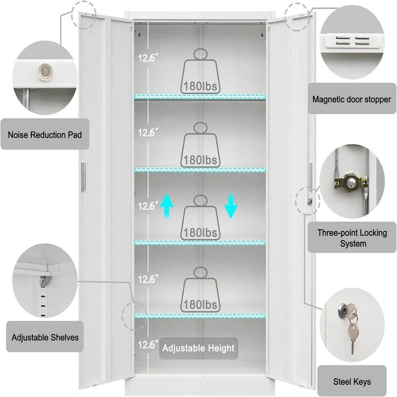 Tall Metal Storage Cabinet with Lock and Adjustable Shelves Black Gray
