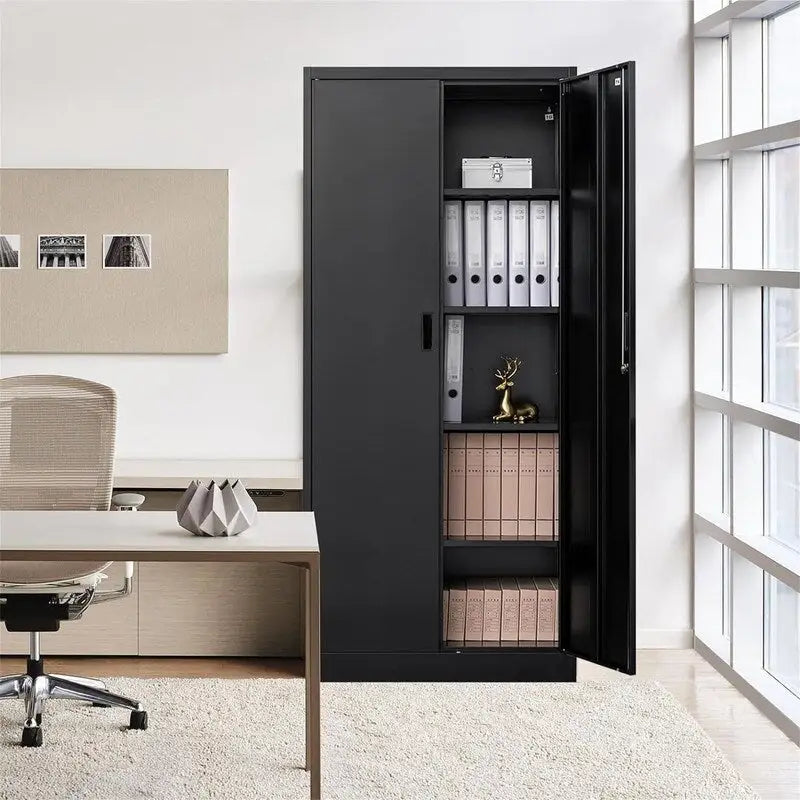 Tall Metal Storage Cabinet with Lock and Adjustable Shelves Black Gray