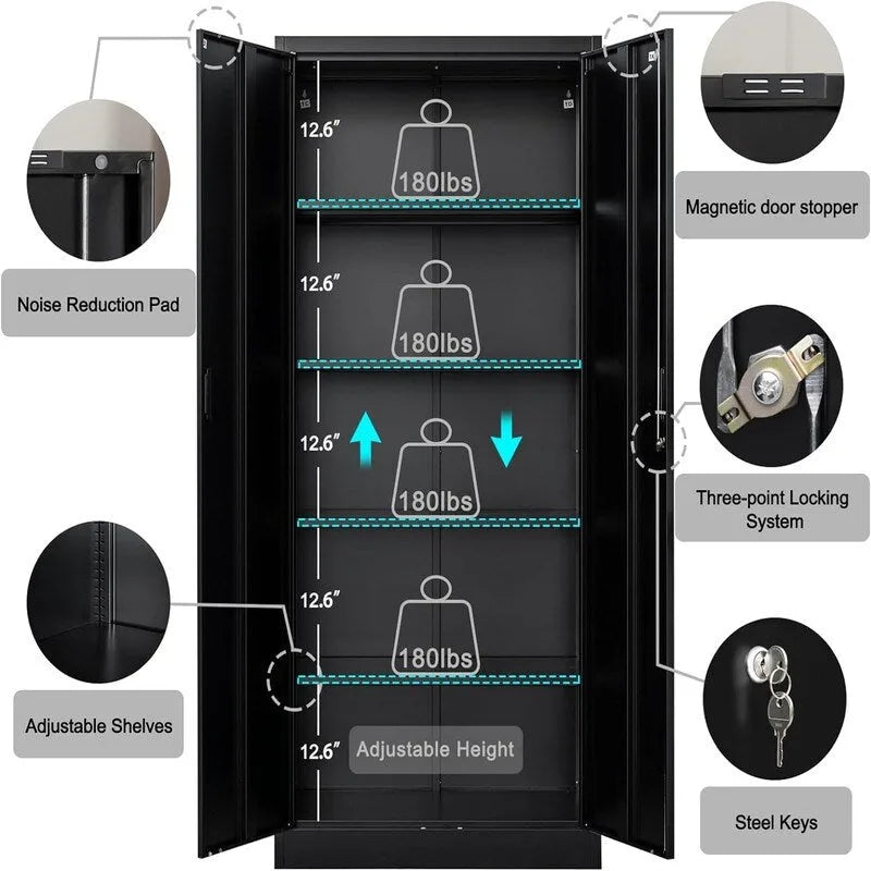 Tall Metal Storage Cabinet with Lock and Adjustable Shelves Black Gray