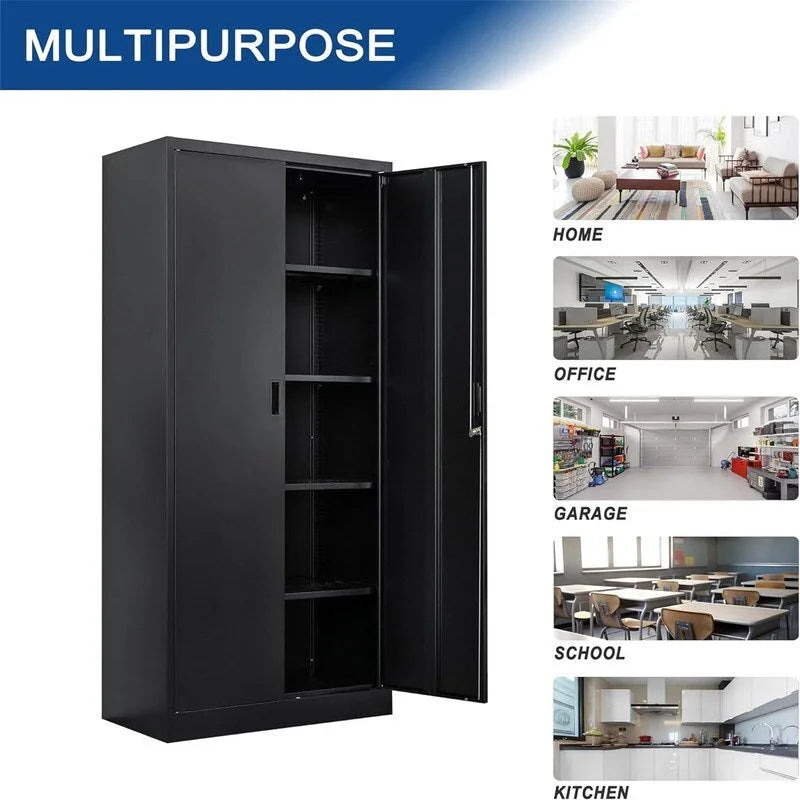 Tall Metal Storage Cabinet with Lock and Adjustable Shelves Black Gray