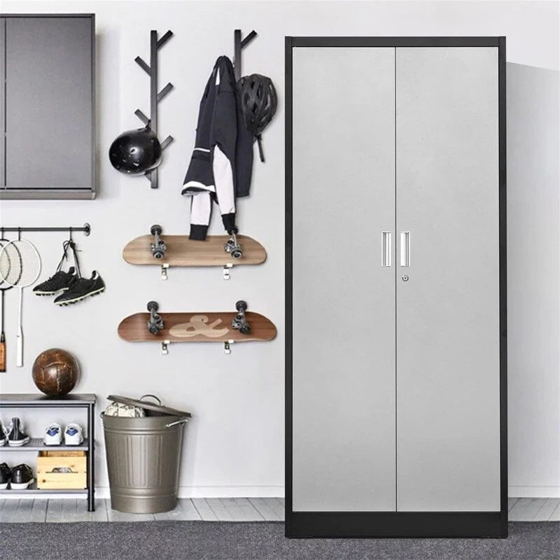 Tall Metal Storage Cabinet with Lock and Adjustable Shelves Black Gray