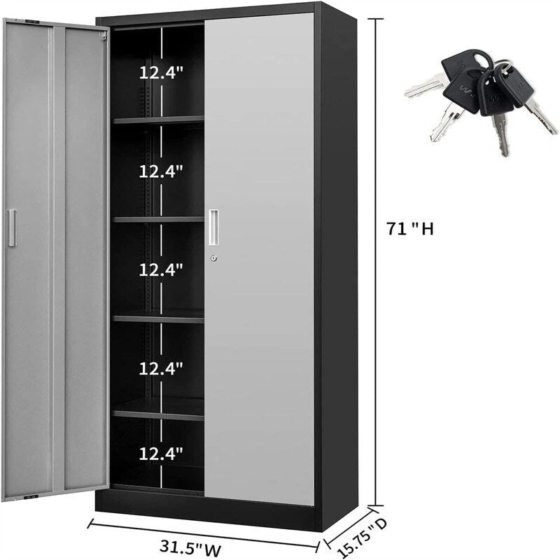 Tall Metal Storage Cabinet with Lock and Adjustable Shelves Black Gray