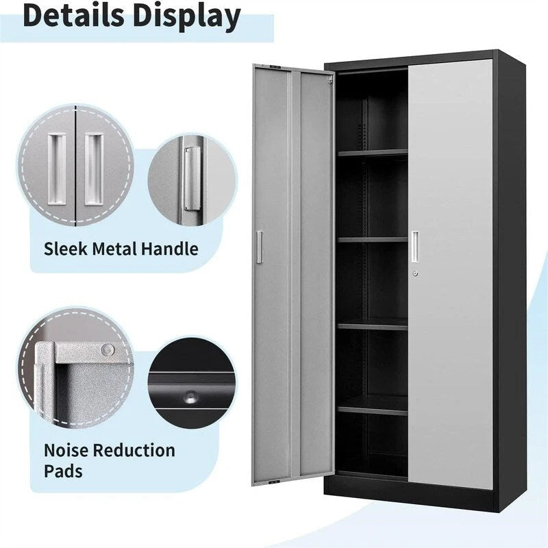 Tall Metal Storage Cabinet with Lock and Adjustable Shelves Black Gray