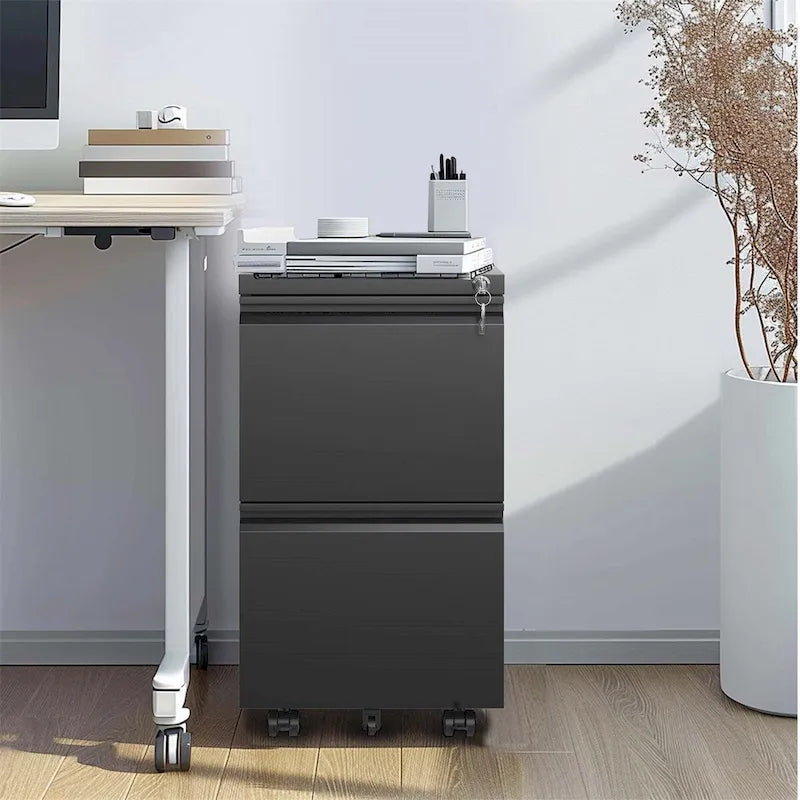 2-Drawer Rolling Metal File Cabinet with Lock and Casters, Black & White