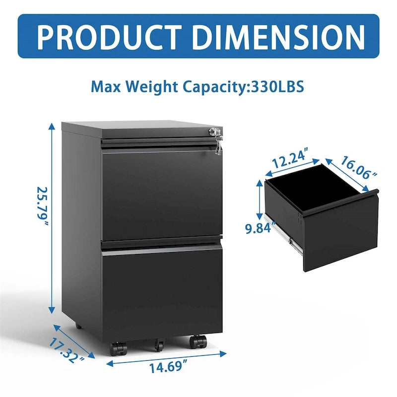 2-Drawer Rolling Metal File Cabinet with Lock and Casters, Black & White