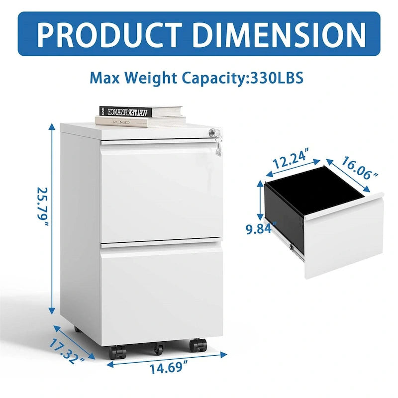 2-Drawer Rolling Metal File Cabinet with Lock and Casters, Black & White