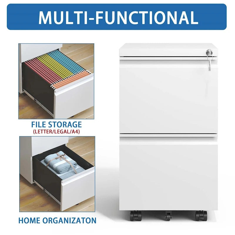 2-Drawer Rolling Metal File Cabinet with Lock and Casters, Black & White