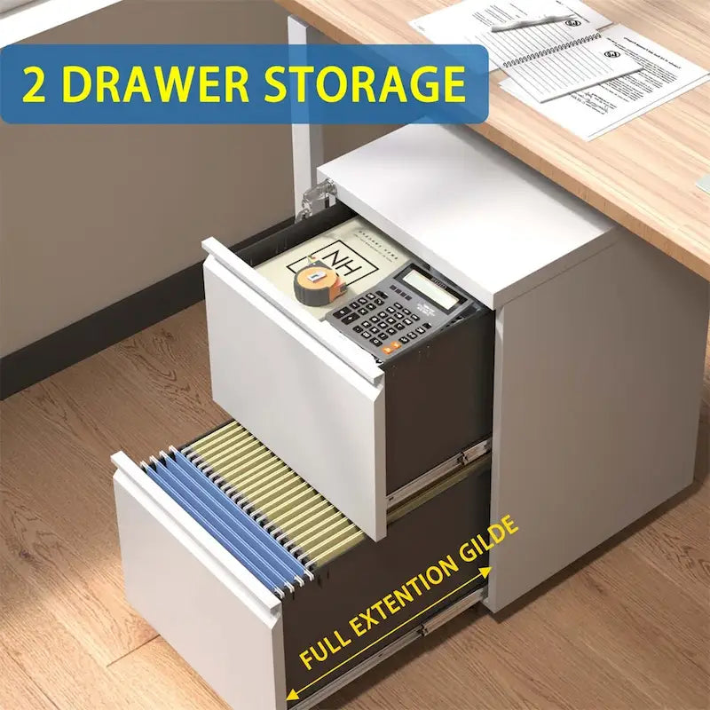 2-Drawer Rolling Metal File Cabinet with Lock and Casters, Black & White