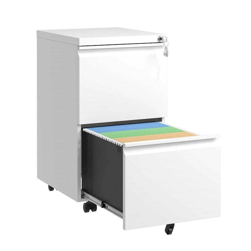 2-Drawer Rolling Metal File Cabinet with Lock and Casters, Black & White