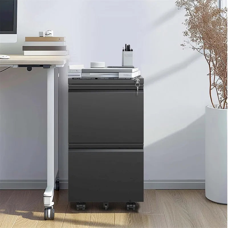 2-Drawer Rolling Metal File Cabinet with Lock and Casters, Black & White