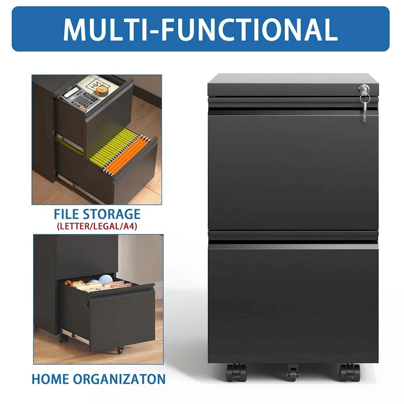 2-Drawer Rolling Metal File Cabinet with Lock and Casters, Black & White