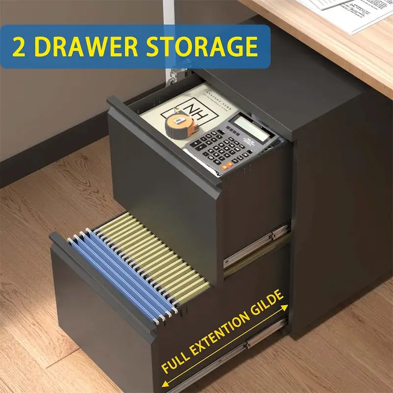 2-Drawer Rolling Metal File Cabinet with Lock and Casters, Black & White