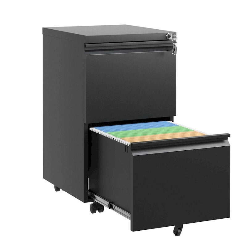 2-Drawer Rolling Metal File Cabinet with Lock and Casters, Black & White
