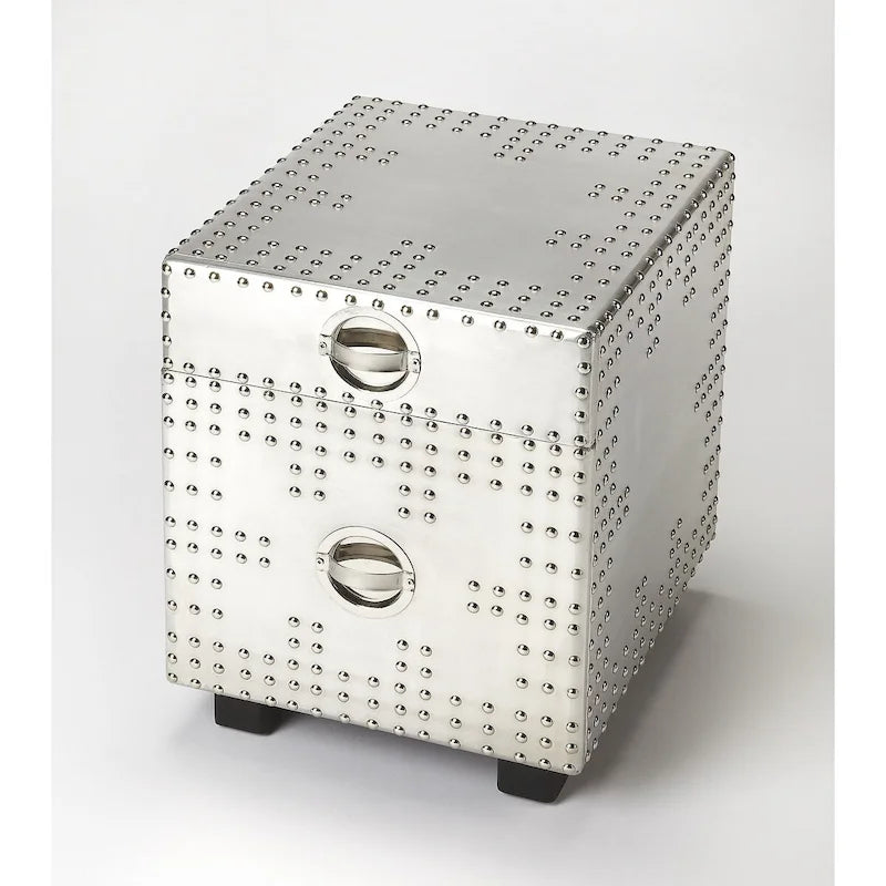 Silver Riveted Aviator Style Two-Drawer File Cabinet