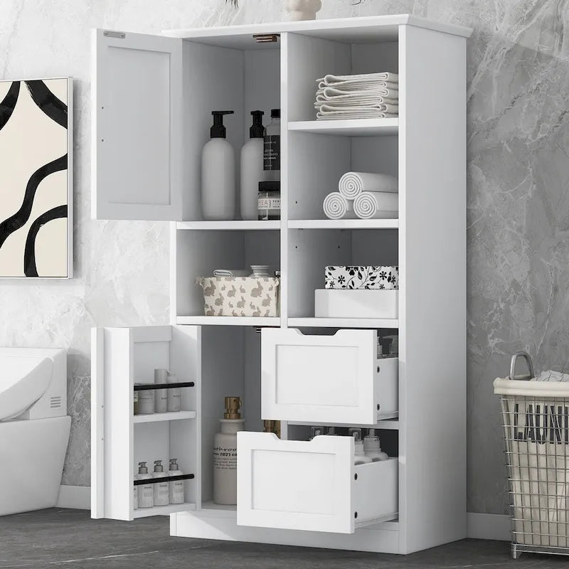 Bathroom Storage Cabinet with Doors and Drawers,Multiple Storage Space, Freestanding Style,Open Shelve,Adjustable Shelf,White