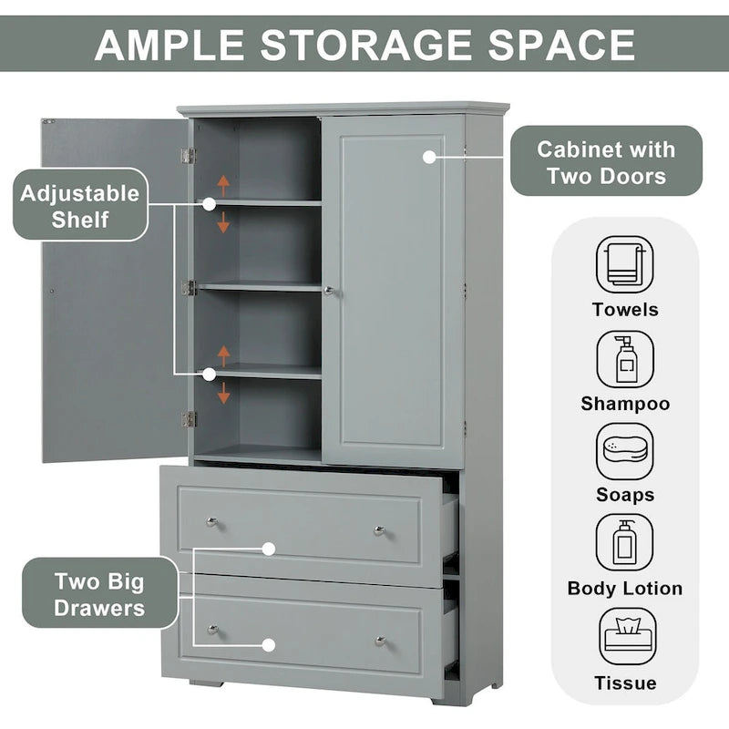 Wide Bathroom Storage Cabinet Freestanding Storage Cabinet with Two Drawers and Adjustable Shelf MDF Board with Painted Finish