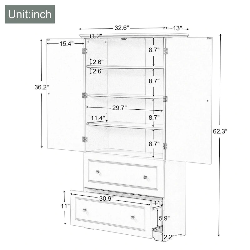 Wide Bathroom Storage Cabinet Freestanding Storage Cabinet with Two Drawers and Adjustable Shelf MDF Board with Painted Finish