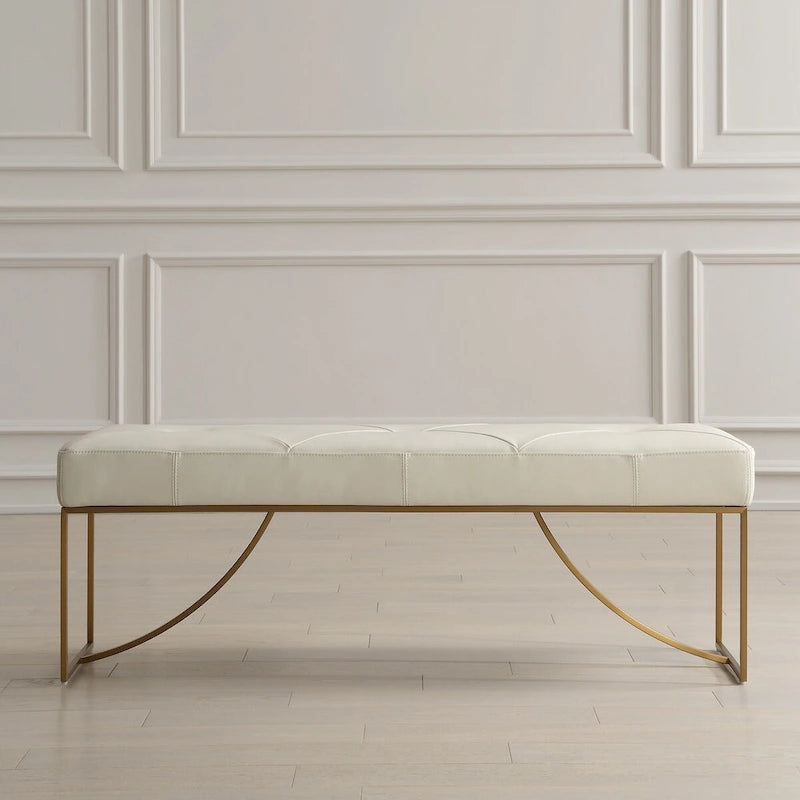 Ivory Diamond Tufted Leather Bench with Brushed Brass Curved Metal Base