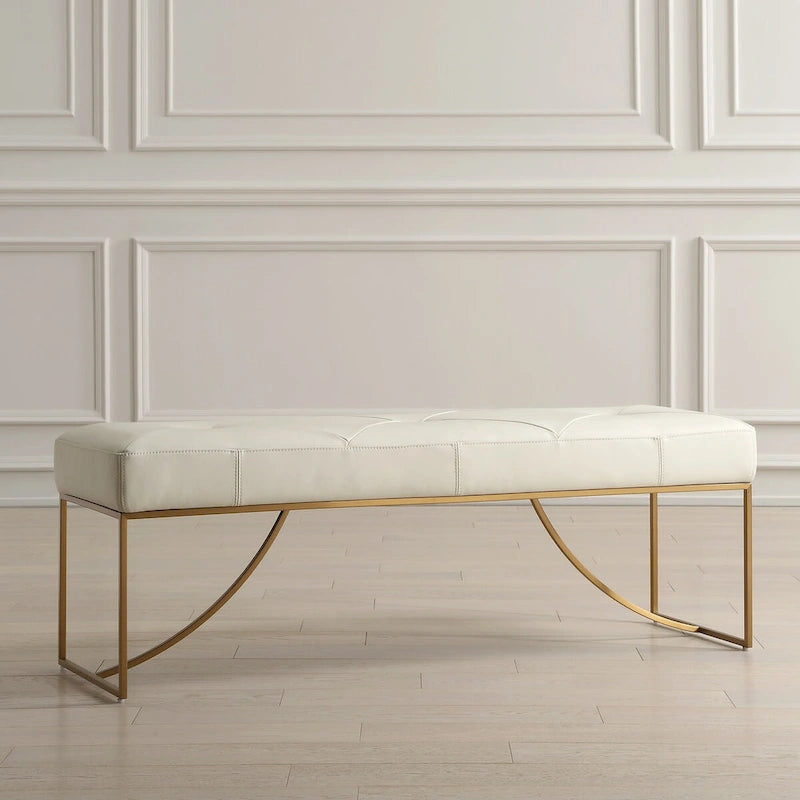 Ivory Diamond Tufted Leather Bench with Brushed Brass Curved Metal Base
