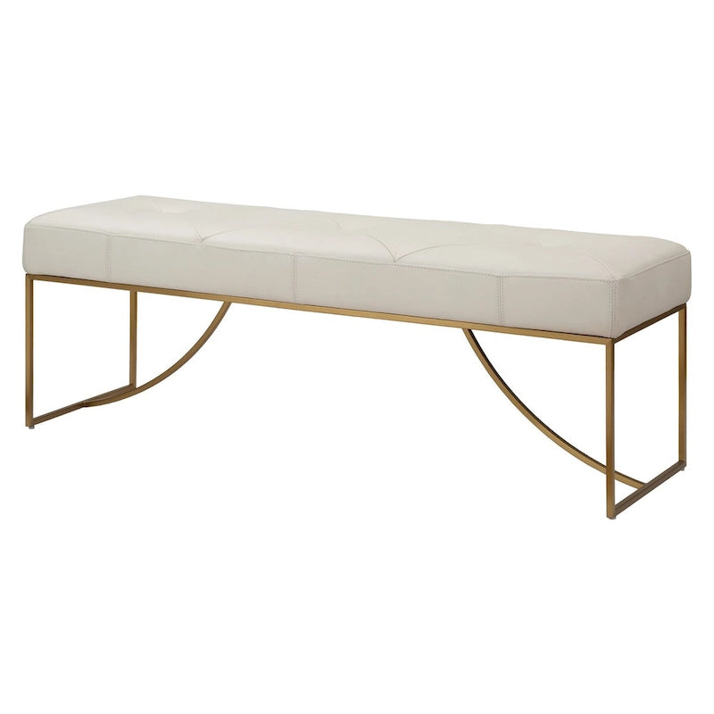 Ivory Diamond Tufted Leather Bench with Brushed Brass Curved Metal Base