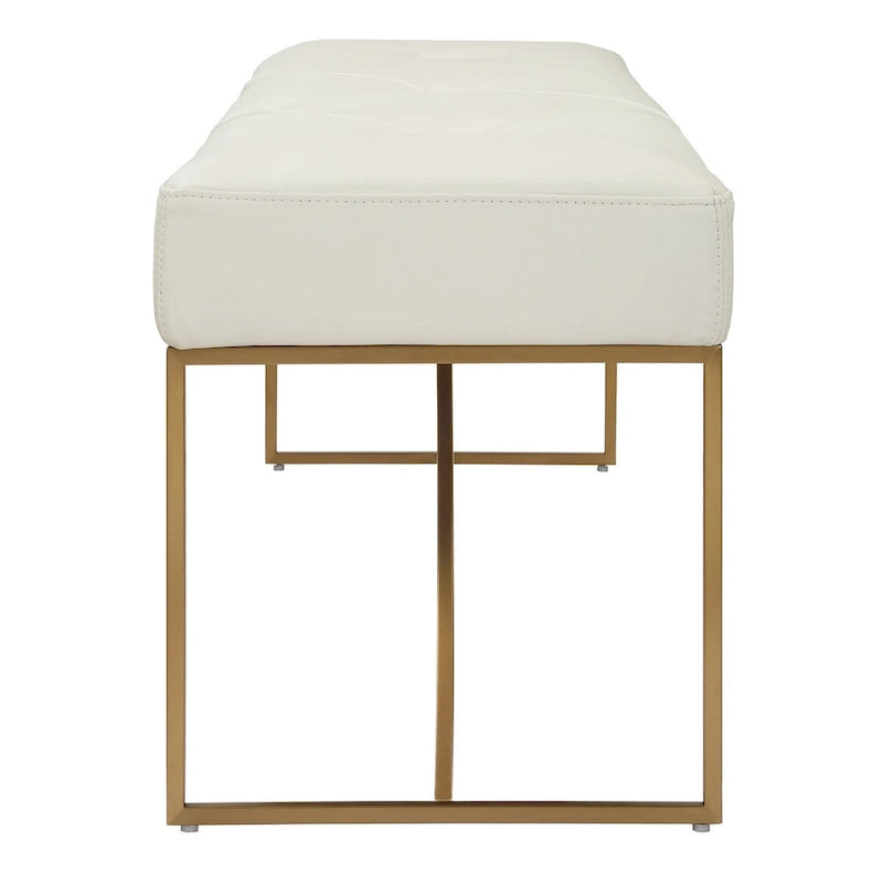 Ivory Diamond Tufted Leather Bench with Brushed Brass Curved Metal Base
