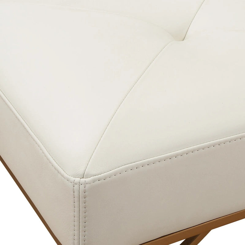 Ivory Diamond Tufted Leather Bench with Brushed Brass Curved Metal Base