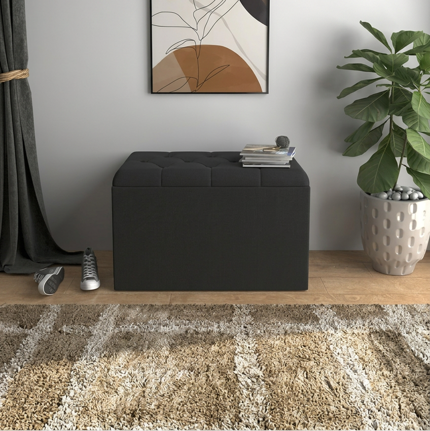 Velvet Button-Tufted Flip Top Storage Ottoman Bench, Silver Grey & Black